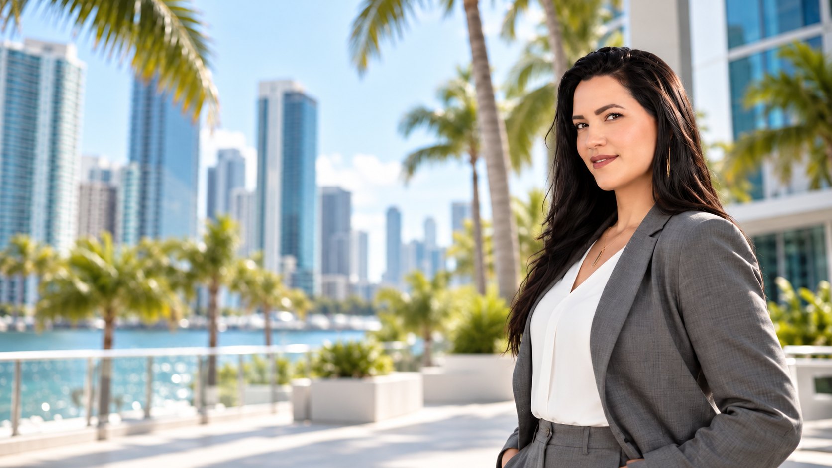 Danelis Veliz frente a la bahía de Biscayne en Miami