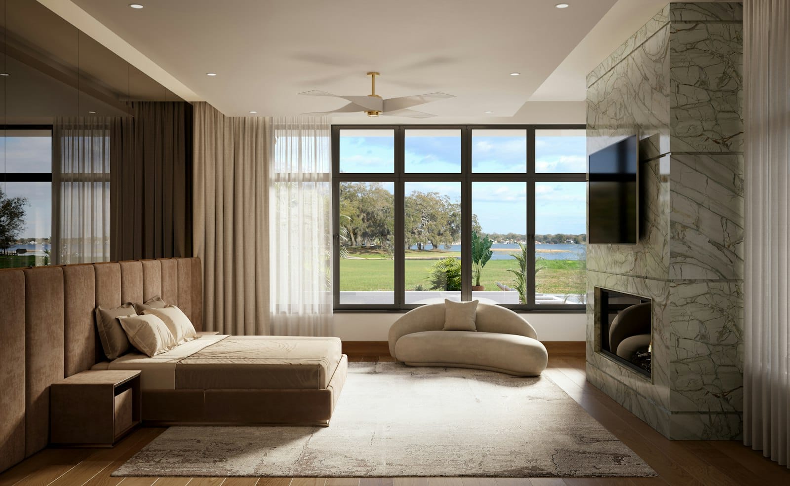 Habitación con chimenea y vista al agua